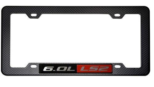 BLACK CARBON FIBER Look LICENSE Plate Tag FRAME with 6.0L LS2 RED BLACK Engine Emblem Badge Nameplate Aluminum for GM General Motors Chevy Chevrolet V8 Corvette Pontiac GTO Cadillac CTS-V SSR C6 TRAILBLAZER SS Saab 9-7X Aero HOLDEN VAUXHALL MONARO