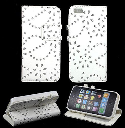 myLife (TM) Diamond White {Flower Gem Design} Faux Leather (Card, Cash and ID Holder + Magnetic Closing) Slim Wallet for the iPhone 5C Smartphone by Apple (External Textured Synthetic Leather with Magnetic Clip + Internal Secure Snap In Hard Rubberized Bumper Holder)