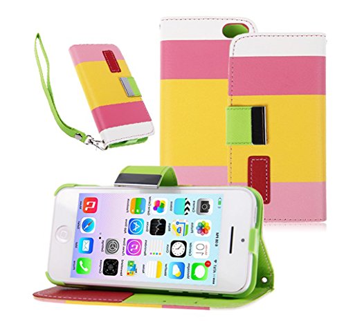 myLife (TM) Sunglow Yellow + Grapefruit Pink Stripes {Modern Design} Faux Leather (Card, Cash and ID Holder + Magnetic Closing + Hand Strap) Slim Wallet for the iPhone 5C Smartphone by Apple (External Textured Synthetic Leather with Magnetic Clip + Internal Secure Snap In Hard Rubberized Bumper Holder + Lifetime Warranty) 