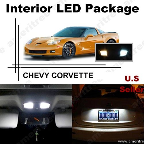 Ameritree Xenon White LED Lights Interior Package + White LED License Plate Kit for Chevy Corvette 2005-2013 (6 Pcs)