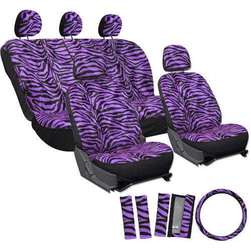 OxGord 17pc Set Zebra Animal Print Auto Seat Covers Set - Front Low Back Buckets - Rear Split Bench - Purple & Black