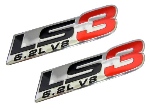 2x (pair/set) LS3 6.2L V8 Red Engine Emblems Badges Nameplates Highly Polished Aluminum Chrome Silver for GM General Motors Performance Chevy Chevrolet Corvette C6 ZR1 Camaro SS RS Pontiac G8 GXP Holden Vauxhall VXR8