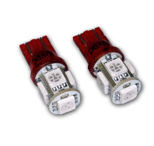 TuningPros LEDLP-T10-RS5 License Plate LED Light Bulbs T10 Wedge, 5 SMD LED Red 2-pc Set